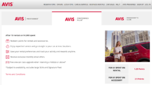 Screenshot of Avis website showing Avis Preferred elite status benefits