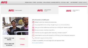 Screenshot of Avis website showing Avis President's Club elite status benefits