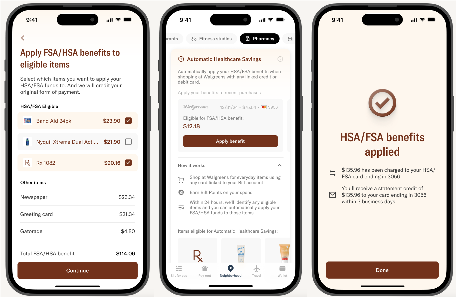 Screenshots of the Bilt-Walgreens healthcare HSA/FSA saving process.