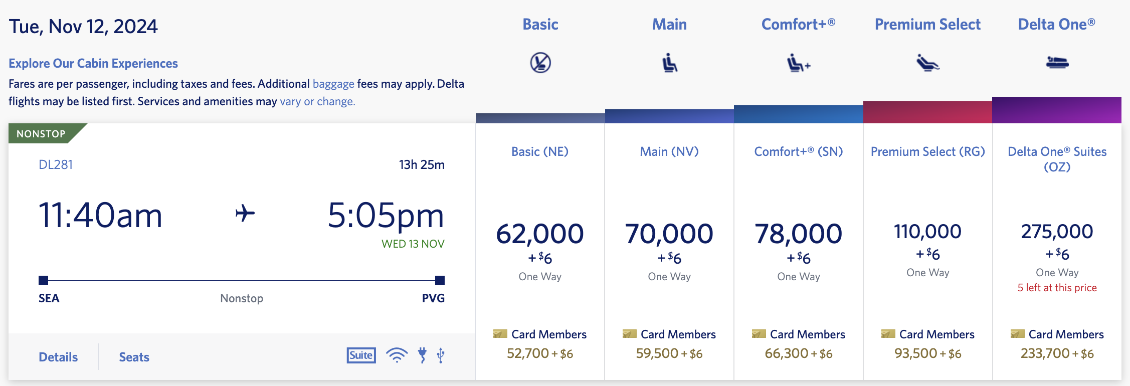 SEA to PVG in Delta business class bookable with Delta SkyMiles.
