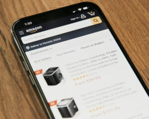 Mobile phone with the Amazon shopping app open