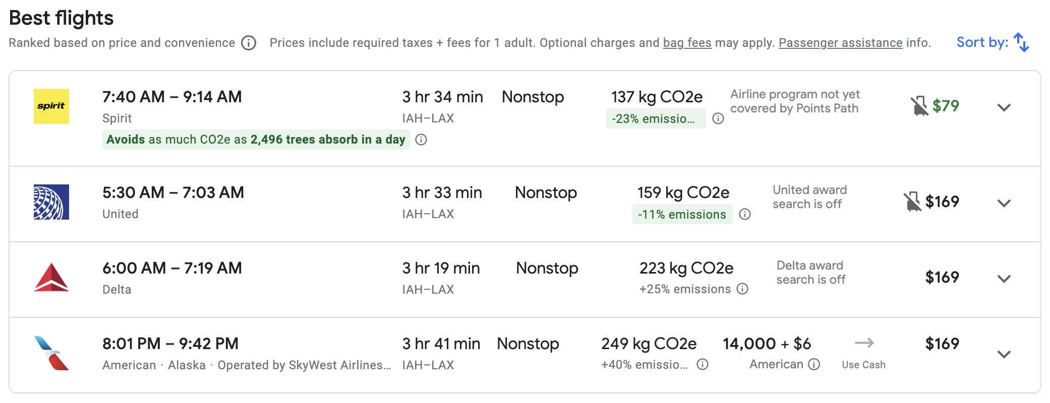 Google Flights results from IAH to LAX.