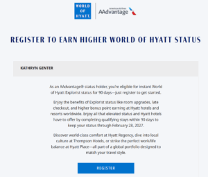 Screenshot showing World of Hyatt status offer for member with AAdvantage elite status