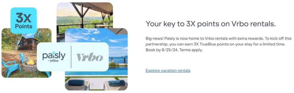 JetBlue 3X TrueBlue Points on Paisly VRBO Bookings