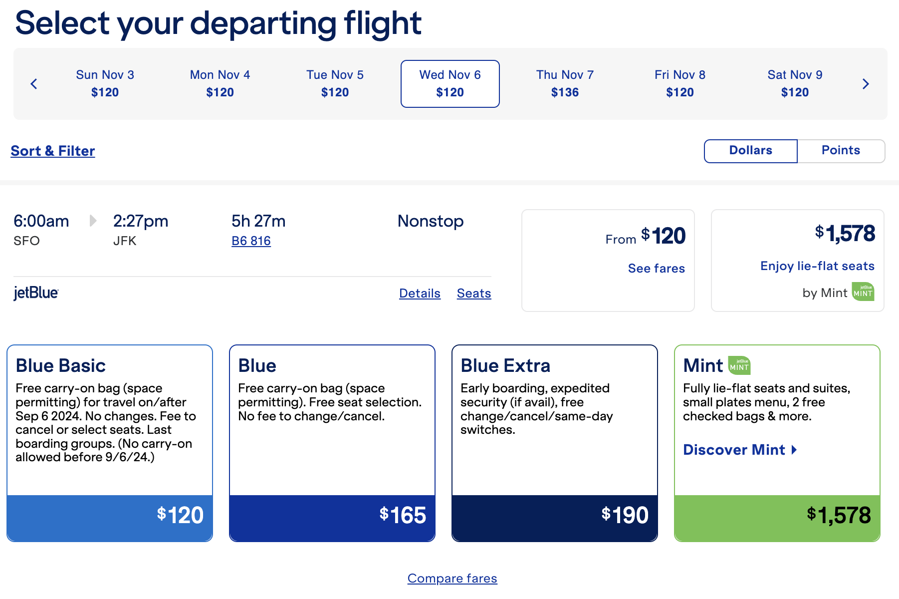 JetBlue itinerary from SFO to JFK using cash.