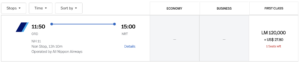 Screenshot showing LifeMiles award pricing from Chicago to Tokyo