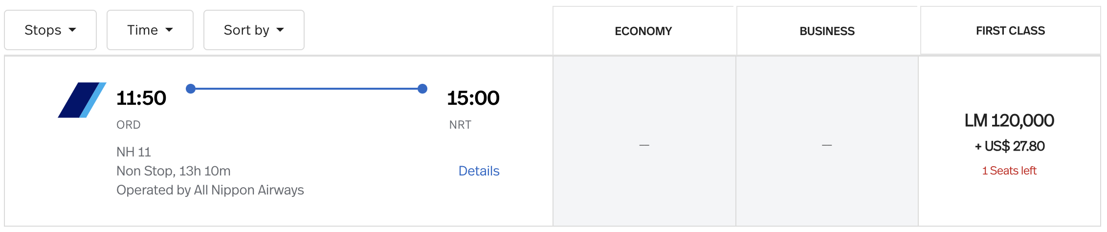 LifeMiles award from ORD to NRT.