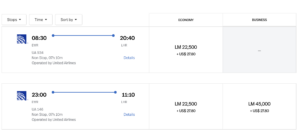Screenshot showing LifeMiles award pricing from Newark to London Heathrow