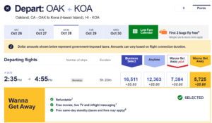 Screenshot showing Southwest award from Oakland to Kona for 5,725 Rapid Rewards points