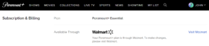 Confirmation of free Paramount Plus membership linked to Walmart Plus account