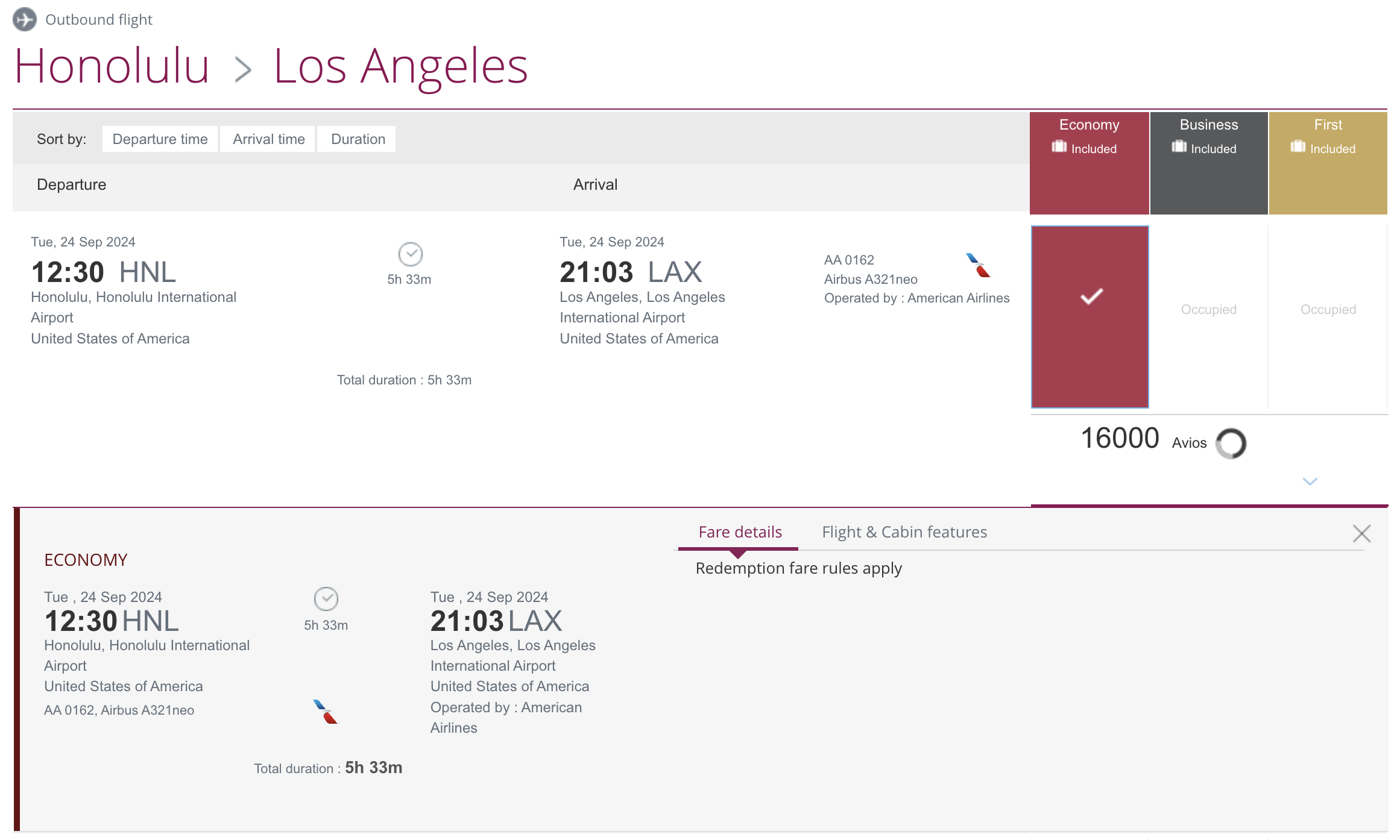 HNL to LAX for 16,000 Qatar Avios.