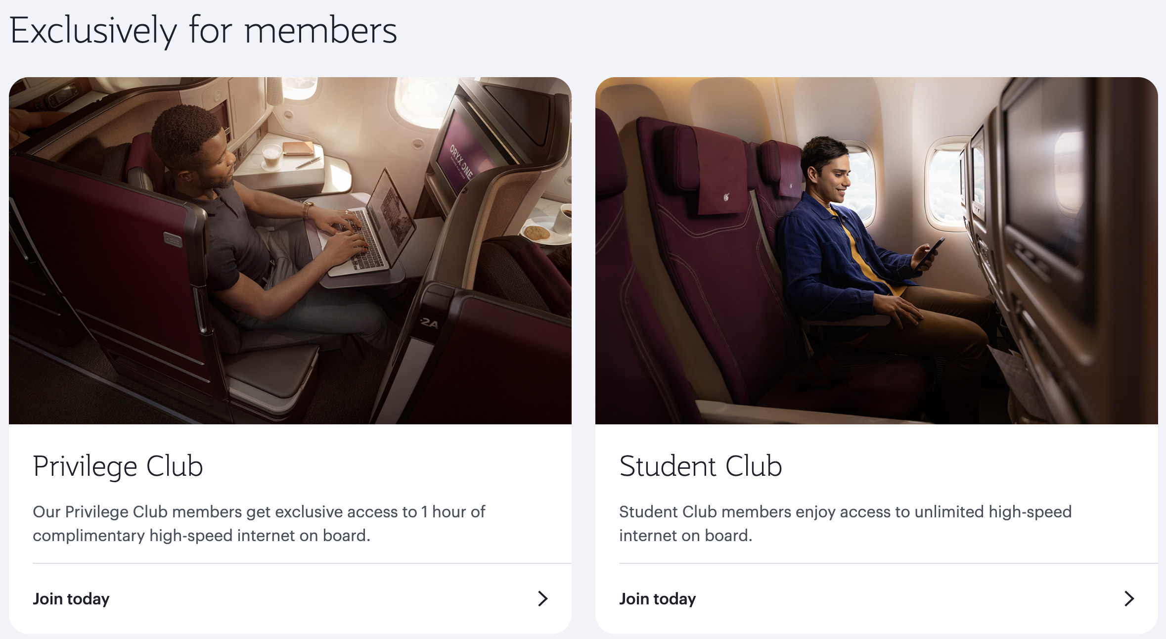Qatar Airways image showing who can get free onboard Wi-Fi.