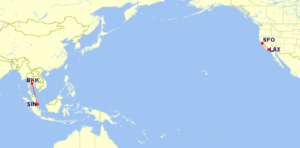 Map of flights between Los Angeles and San Francisco and Bangkok and Singapore