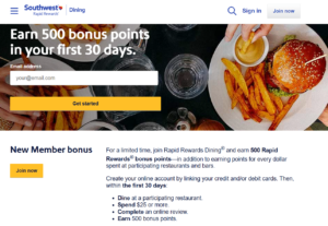 Screenshot showing new member bonus offer for Southwest Dining