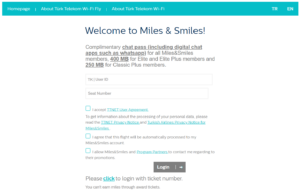 Screenshot of Turkish Airlines Wi-Fi Miles & Smiles login page on a flight from Barcelona to Istanbul
