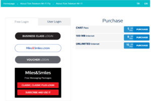 Screenshot of Turkish Airlines Wi-Fi landing page on a flight from Barcelona to Istanbul
