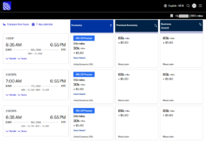 Screenshot showing United award sale pricing from Newark to Tahiti for 30,000 miles one-way