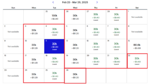 Screenshot of United discounted award pricing for March 2025