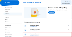 Screenshot showing Walmart Plus membership page with Paramount Plus benefit highlighted