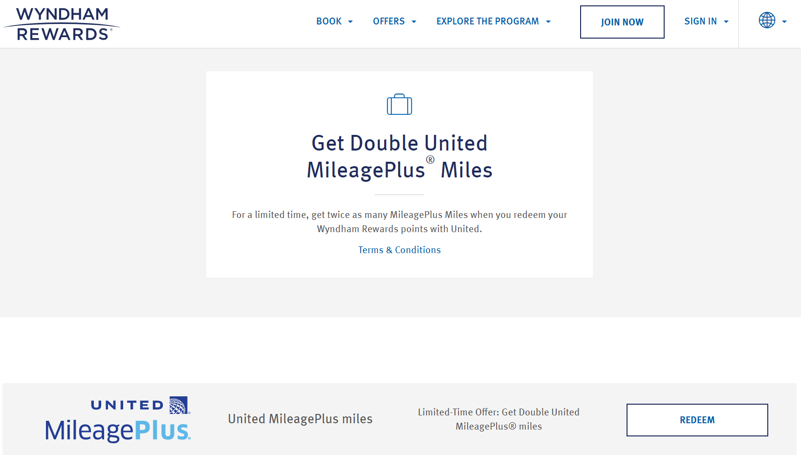 Screenshot showing Wyndham Rewards website showing 100% transfer bonus to United MileagePlus