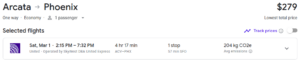 Google flights itinerary for Arcata to Phoenix