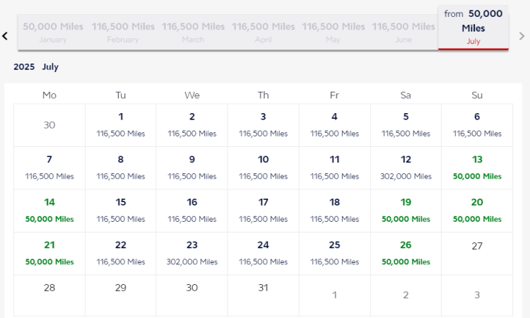 Screen shot of the Airfrance award calendar showing award pricing from Dulles to Paris in July 2025