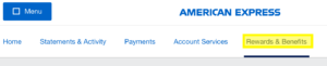 Access to Rewards & Benefits link on American Express site