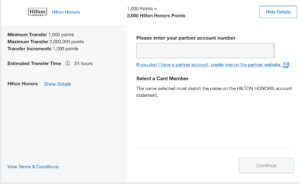 Amex screenshot for entering Hilton account number for point transfer