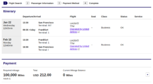 ANA award on United from SFO to FRA