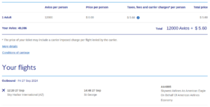 Avios price for PHX to SGU flight