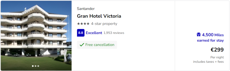 Screen shot from the Hotels for Miles website showing a listing that earns Flying Blue Miles