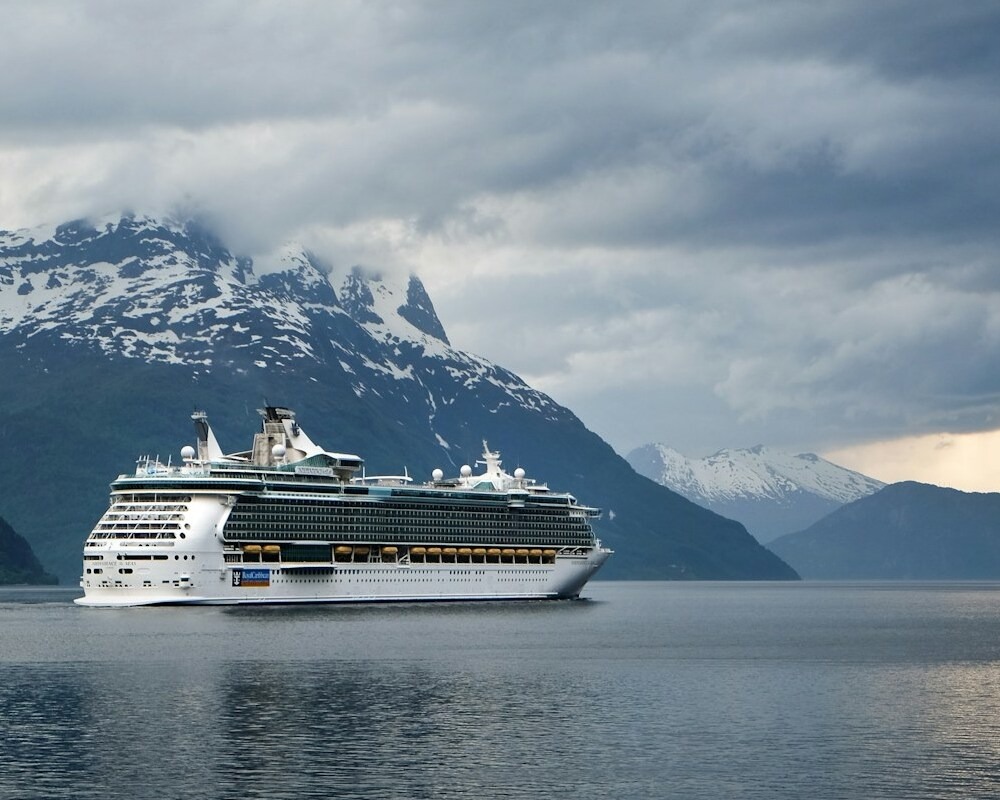Cruise ship departing a port in Alaska.