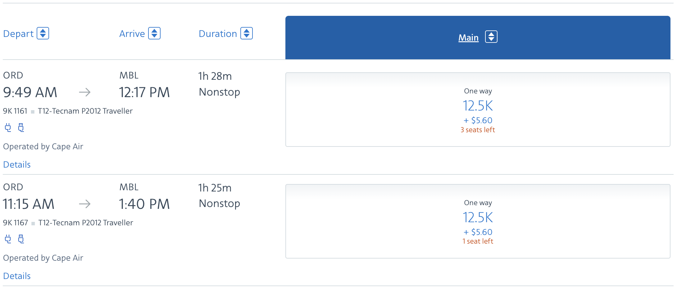 Cape Air itinerary bookable with AA miles.