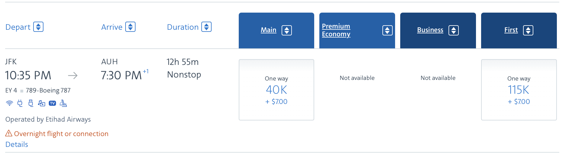 Etihad First Class award from JFK to AUH bookable through AA.