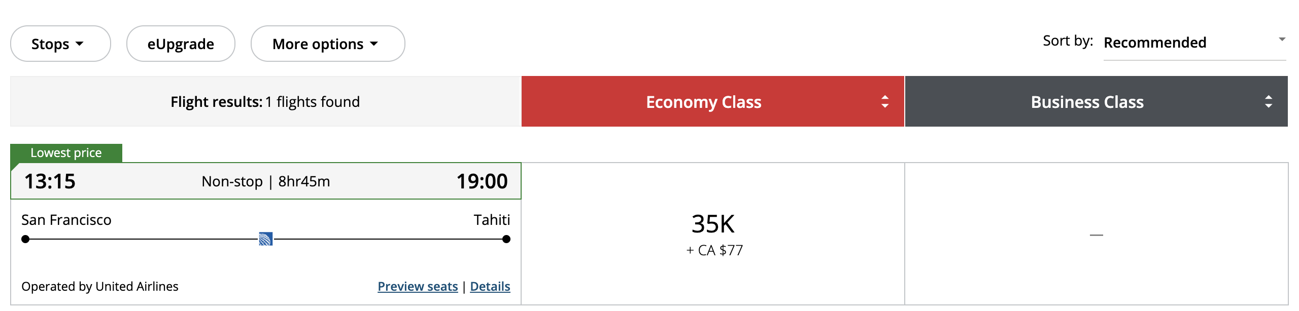 United award from SFO to PPT via Air Canada Aeroplan.