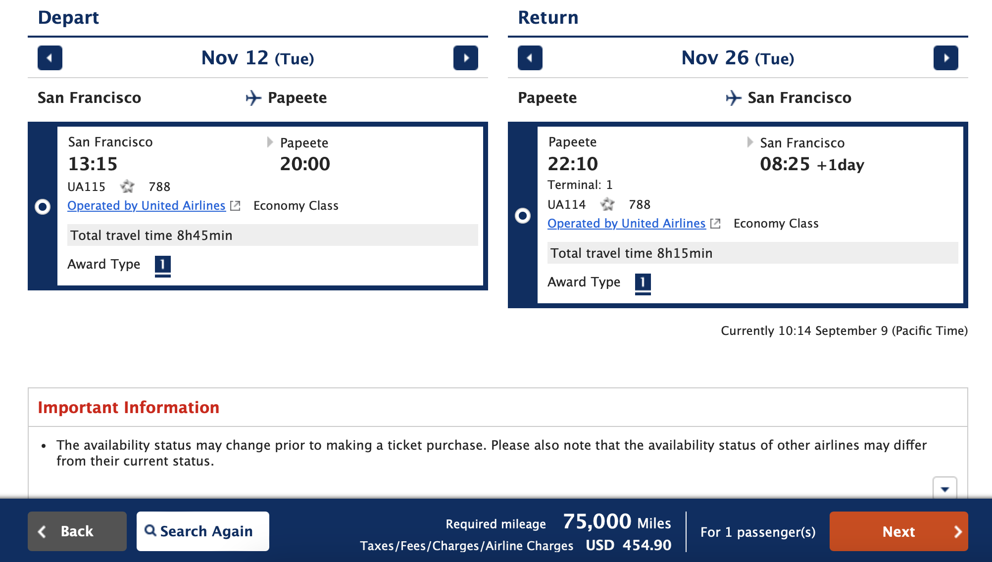 ANA award on United from SFO to PPT.