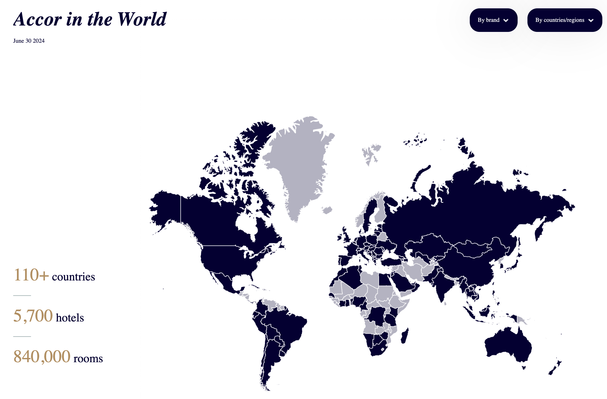 Accor worldwide map, number of properties, and number of rooms.