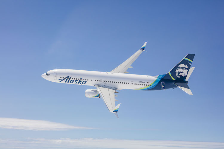 An aerial photo of an Alaska Airlines plane.