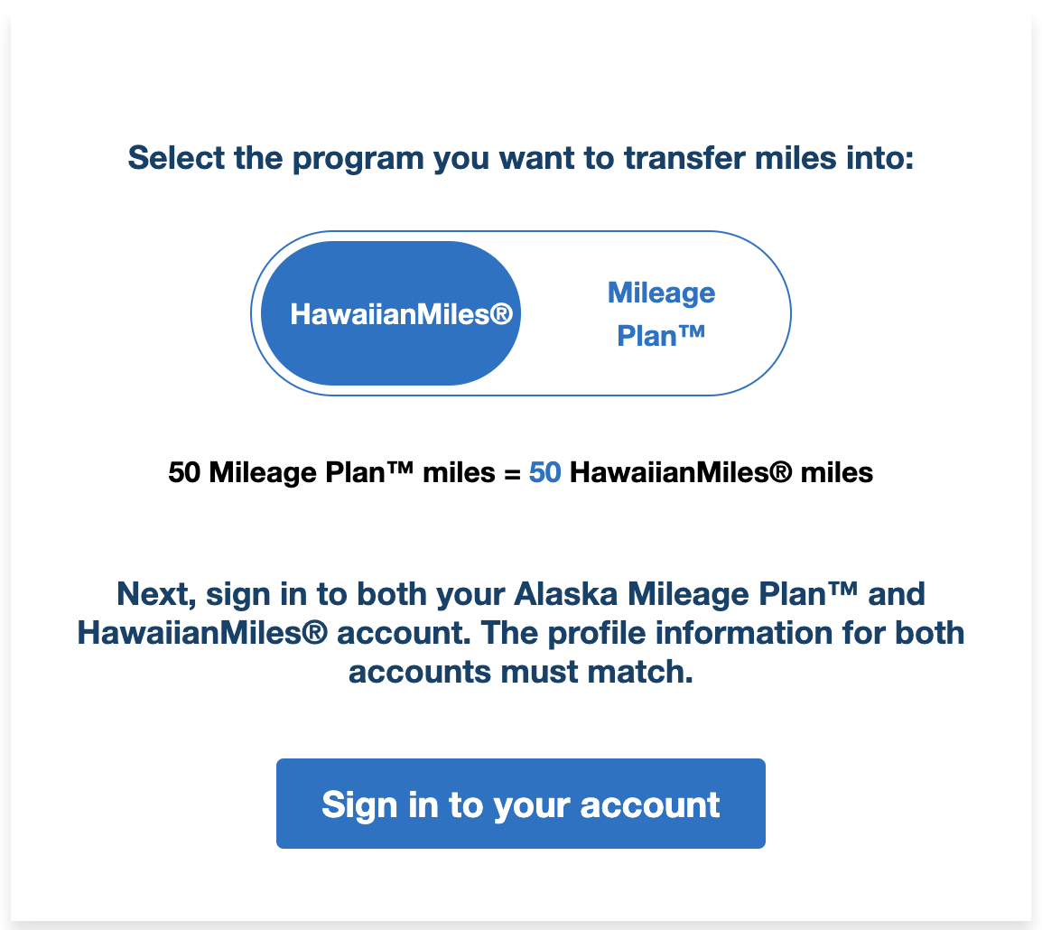 Alaska-Hawaiian transfer widget.