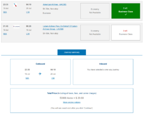 Screenshot of British Airways Executive Club award booking from Miami to Lima
