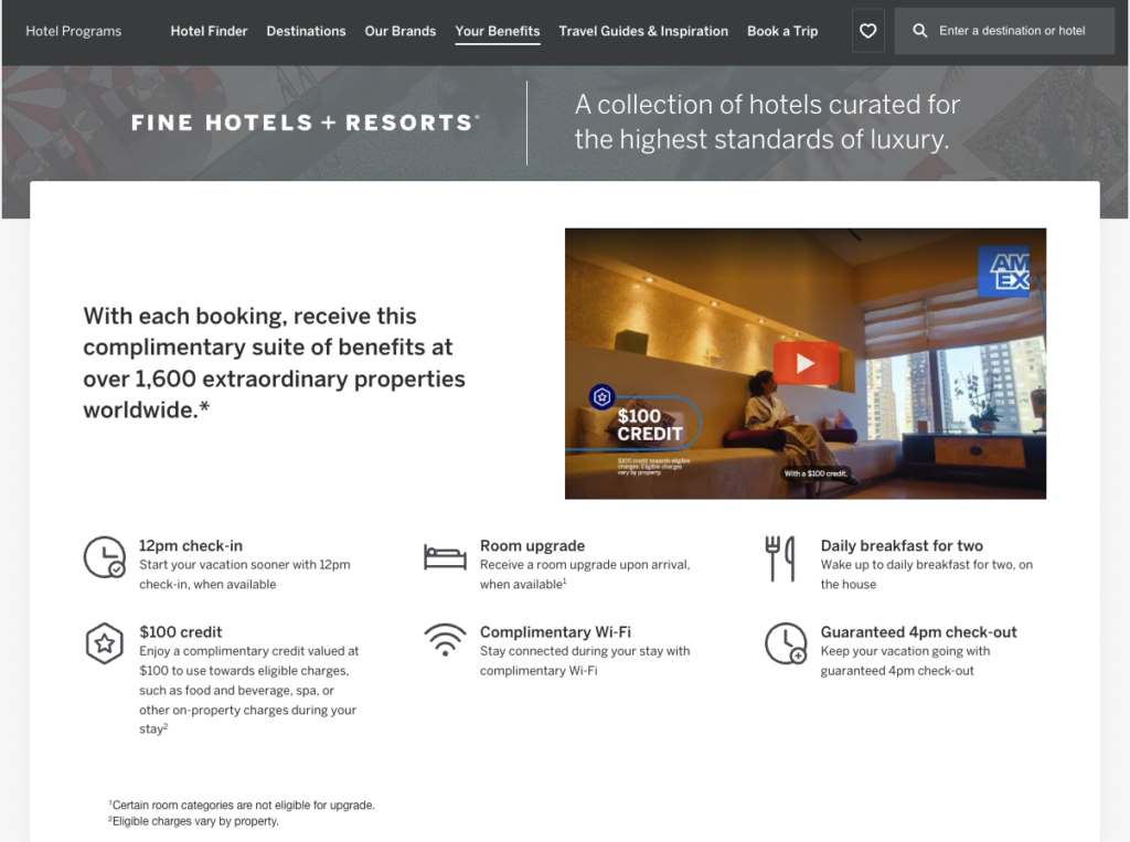 A screenshot of American Express Fine Hotels + Resorts benefits.