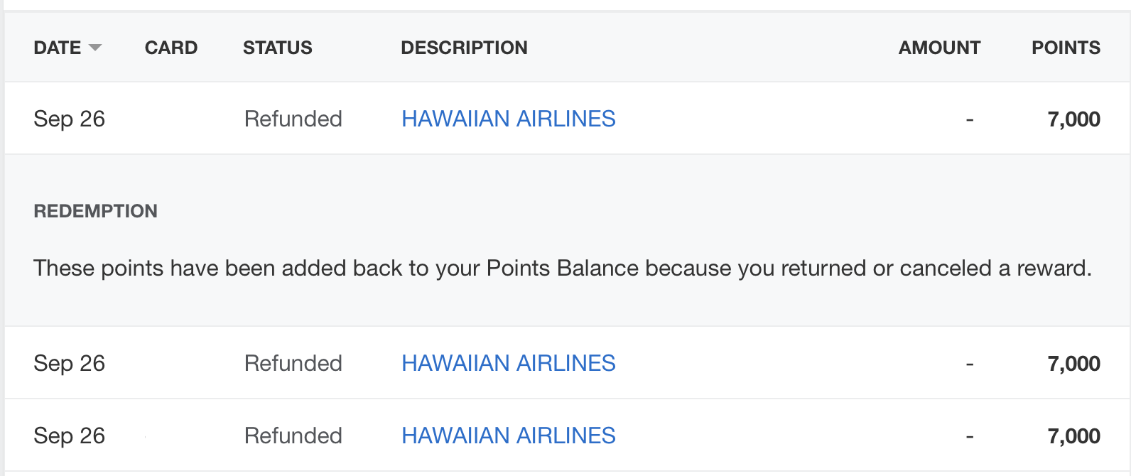 Failed Amex-Hawaiian transfers.
