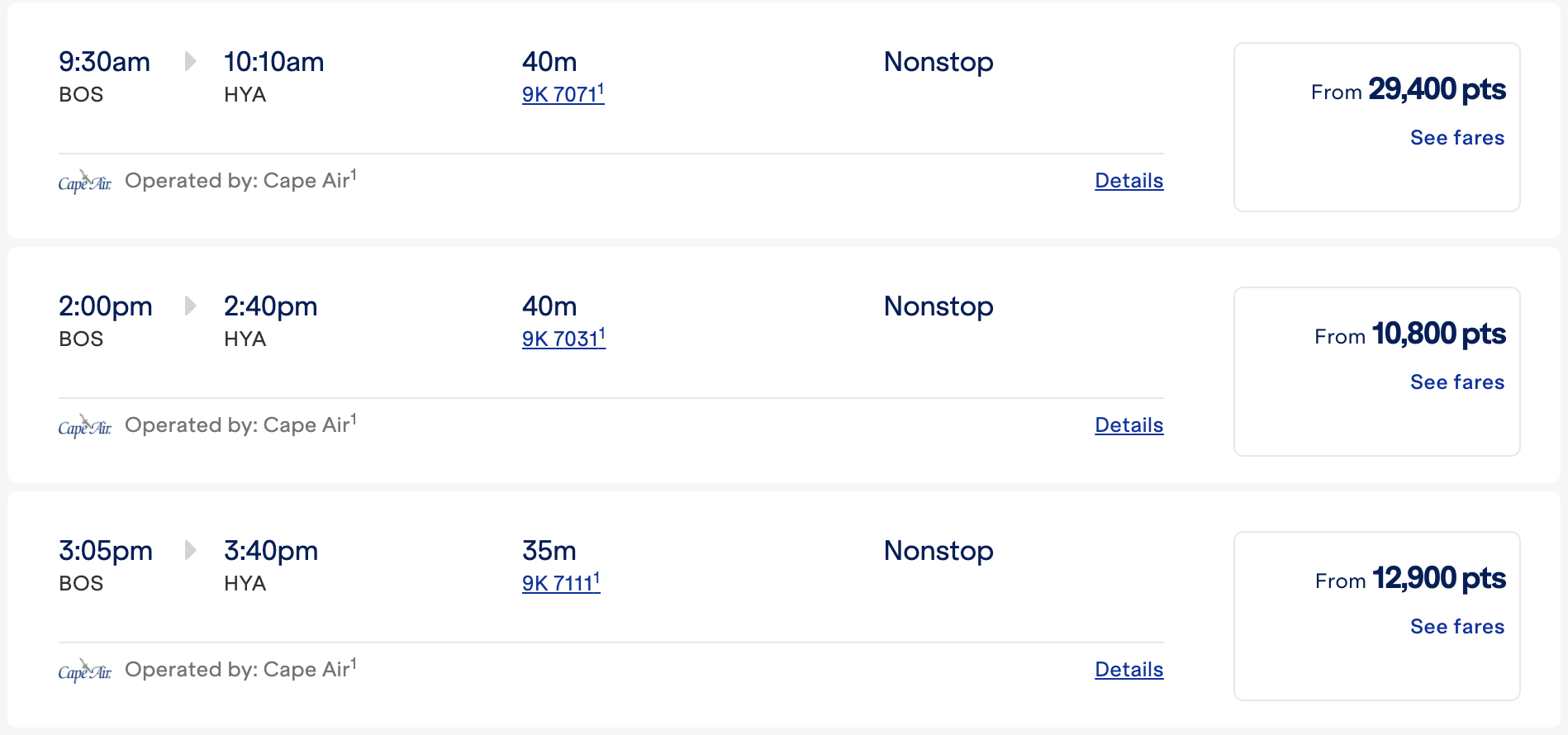Cape Air redemptions with JetBlue points.