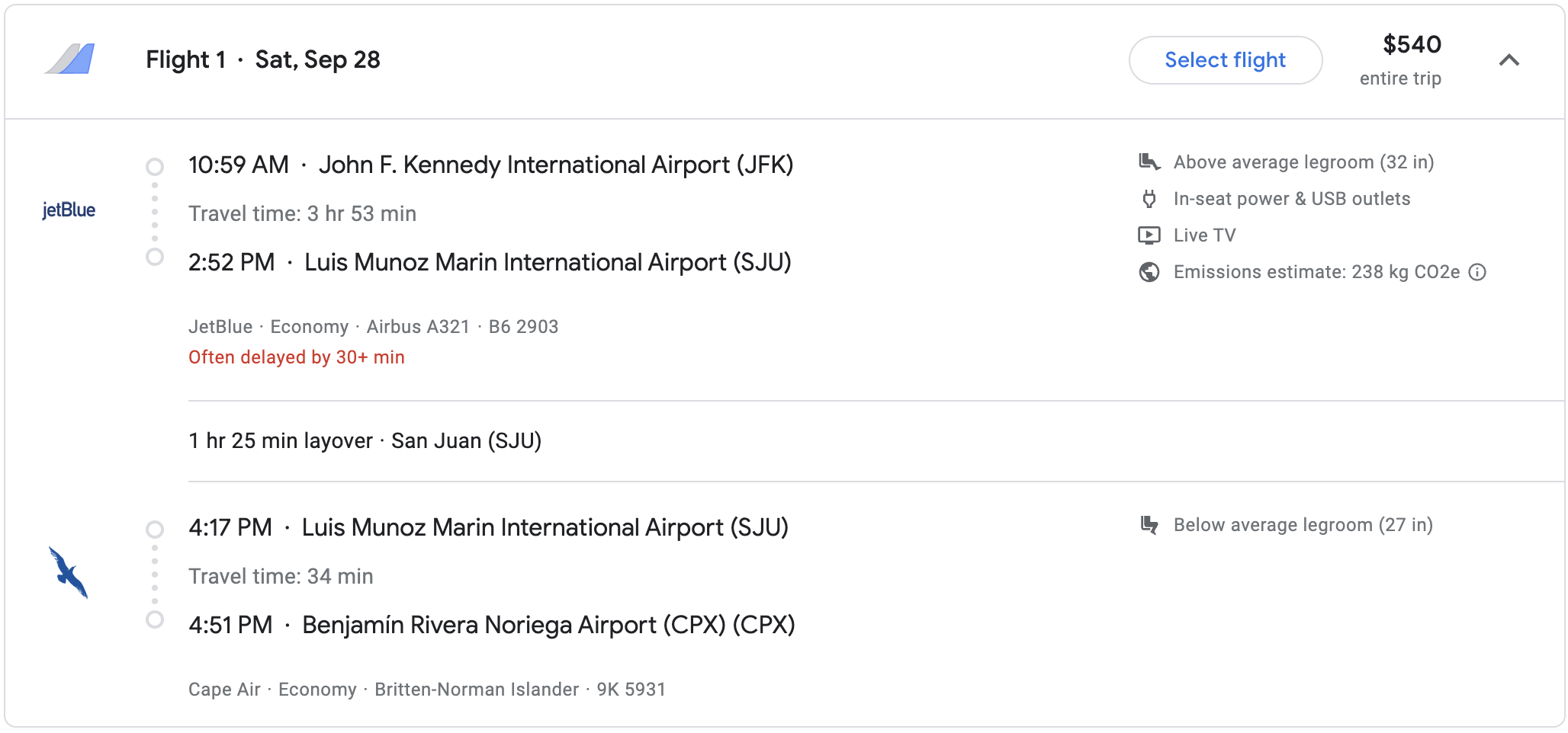 Flight itinerary with a connection from JetBlue to Cape Air.