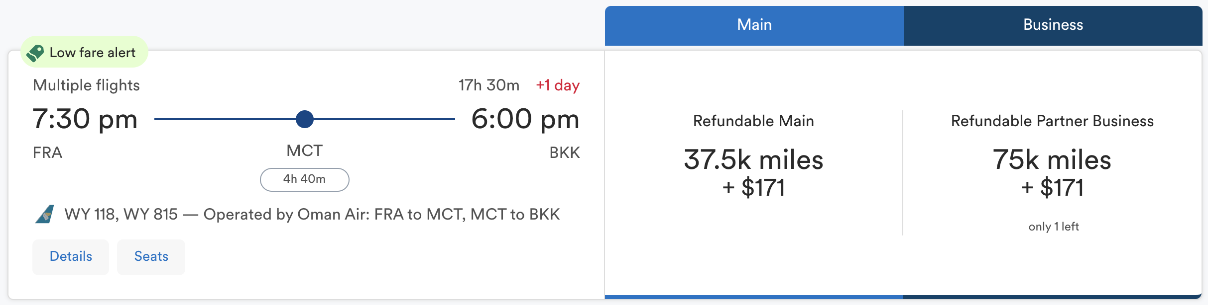 Oman Air itinerary from FRA to BKK via MCT.