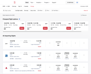 search results for flights in the Brex travel search engine and cost in cash vs points