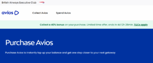 Flash sale banner image to buy British Airways Avios with a 40% bonus until April 4, 2025