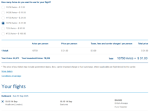 London to Santorini in British Airways economy class Avios pricing options