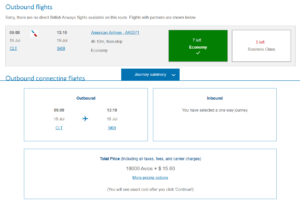 British Airways award booking from Charlotte to St. Kitts on American Airlines using 18,000 Avios