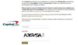 Screenshot of Capital One Priority Pass enrollment page